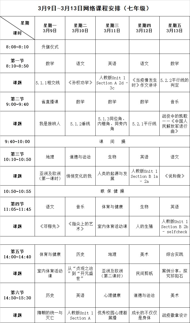  长沙小学初中最新网络课程表（初一 初二 初三）