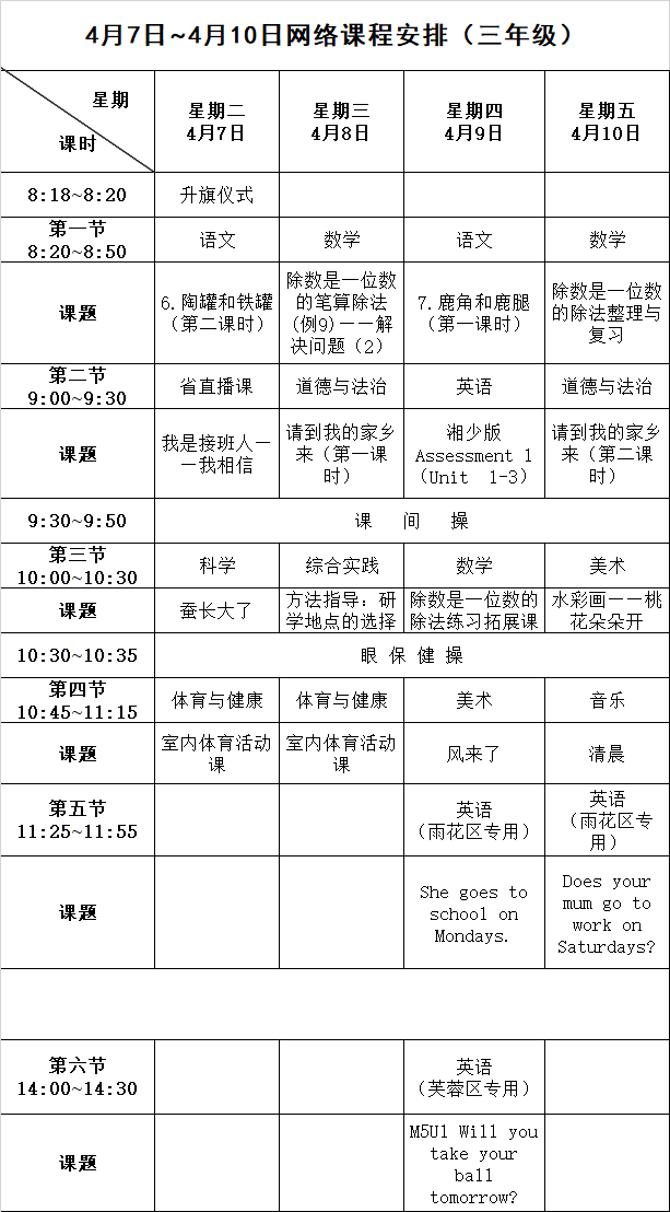 长沙停课不停学课表（4月7日至4月10日）