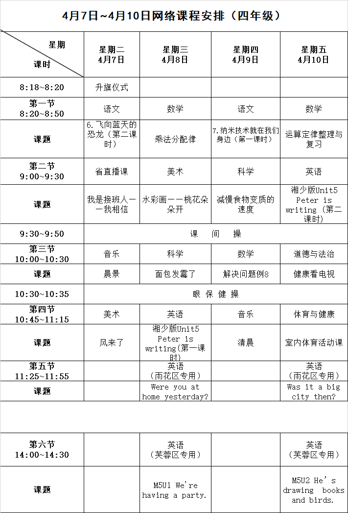 长沙停课不停学课表（4月7日至4月10日）