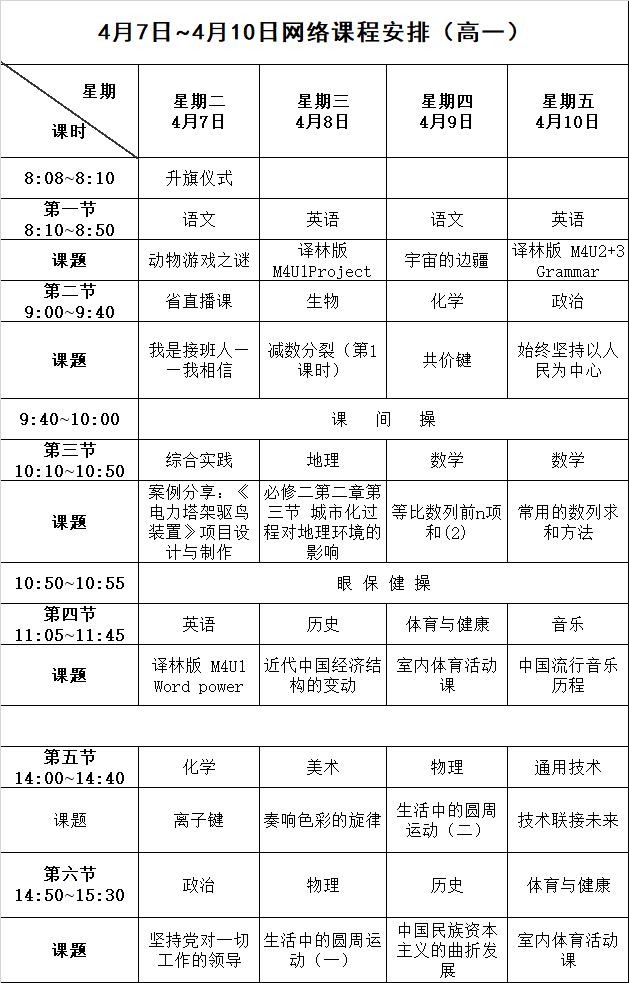 长沙停课不停学课表（4月7日至4月10日）