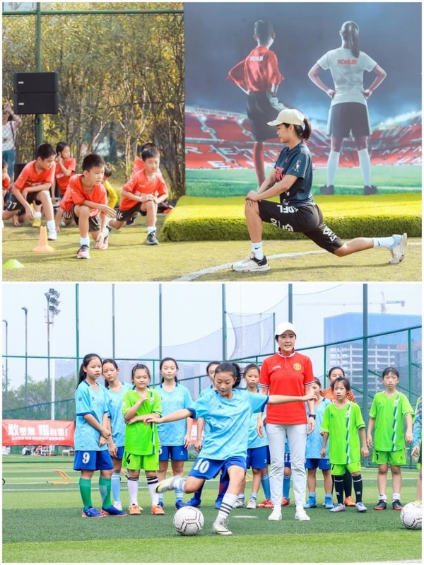 前中国女足国家队核心队员韩端（上图）和浦玮（下图）在现场为热爱足球的少年们指点球技